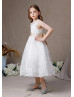 White Lace Tulle Keyhole Back Flower Girl Dress